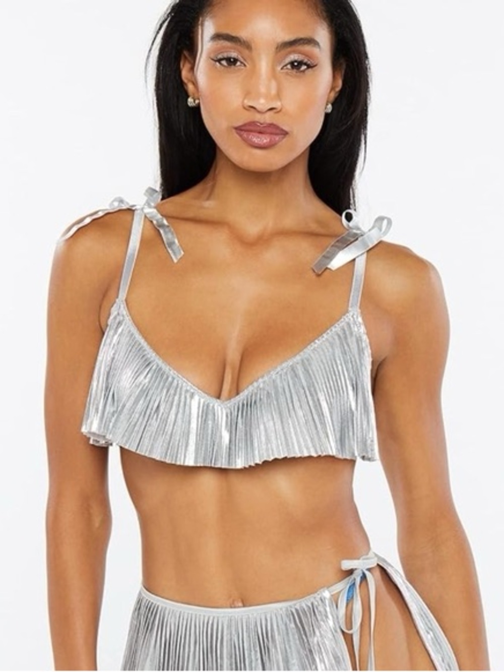 NWT Savage X Fenty Pleated Lamé Unlined Bra Metallic Silver 42C